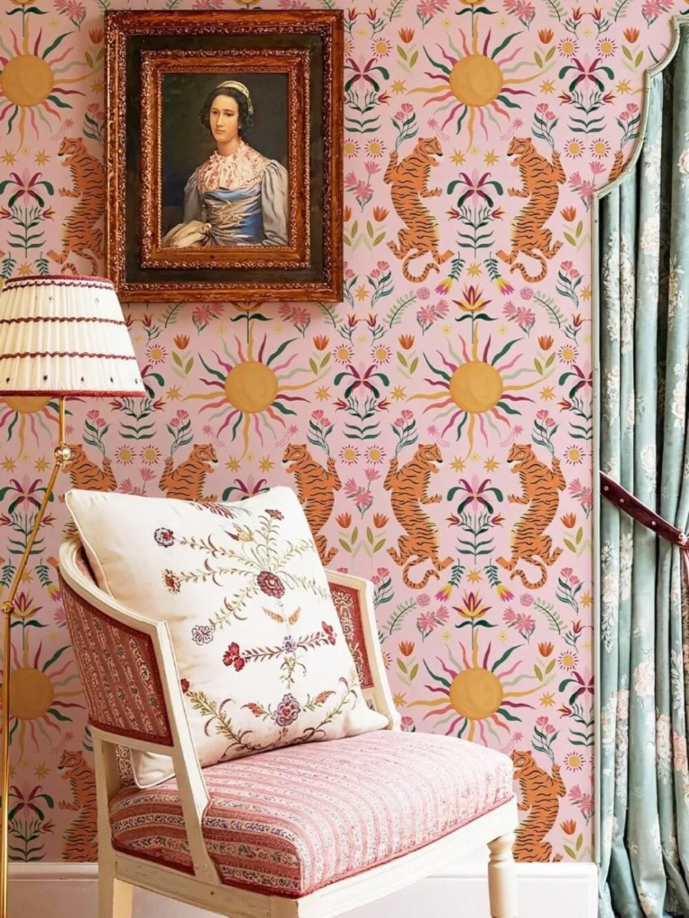 Pink Tiger Peel and Stick Removable Wallpaper - Tropical Maximalist Jungle Print